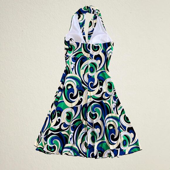 Y2K swirl print halter top dress with O ring, bohemian eclectic retro boho chic - Picture 2 of 6